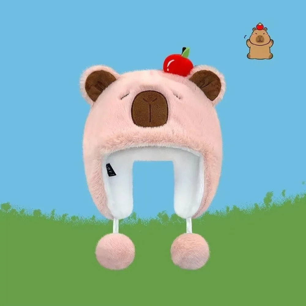 New Windproof Bonnet Cap Coldproof Warm Pullover Hat Plush Capybara Cartoon Ear Protection Cap Girls
