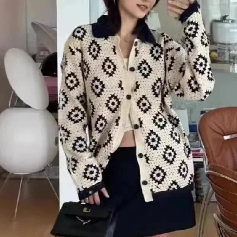 3D Embroidery Knitted Cardigan French Autumn Retro Hook Flower Cotton Single Breasted Polo Collar Loose Knitted Cardigan Top New