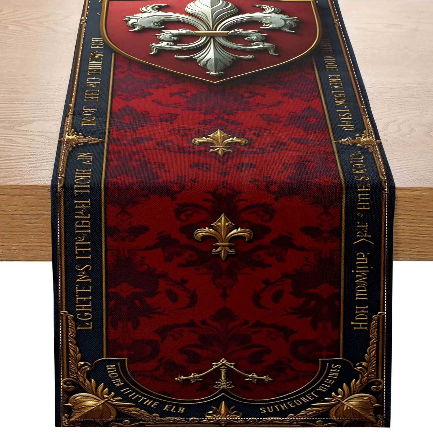 1 Piece of Retro European Heraldic Theme Table Runner, Red Background with Gold Patterns and Heraldic Patterns, Suitable for European Palace Theme Parties, Retro Luxury Restaurant Decorations, Medieval Cultural Events, Castle Style B&B Rooms, Art Exhibition Arrangements, Classy Business Banquets, European Style Home Displays, Historical and Cultural Theme Parties