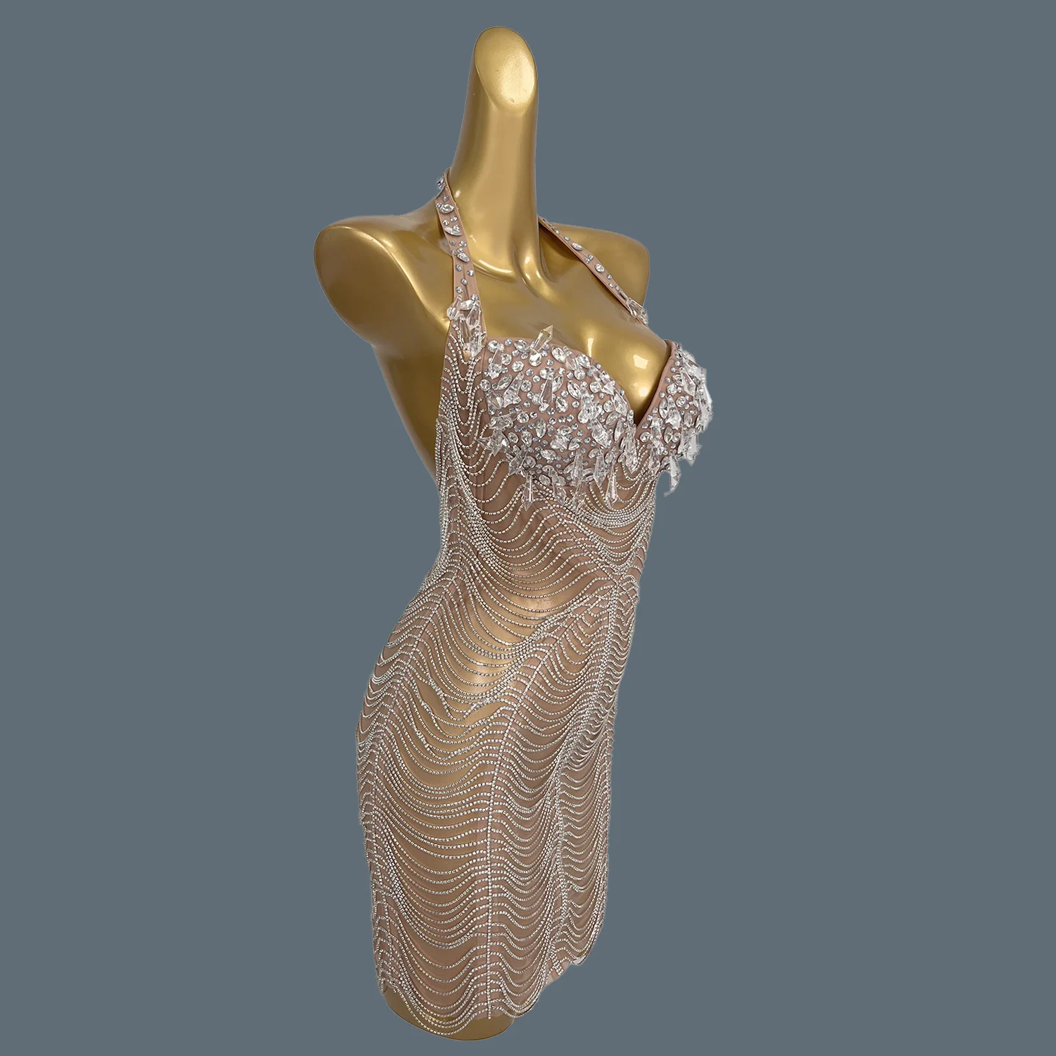 Mini abito senza schienale in rete sexy con strass scintillanti per cena di lusso per le donne, festa di ballo, compleanno, festeggia il vestito da spettacolo Xingzhi