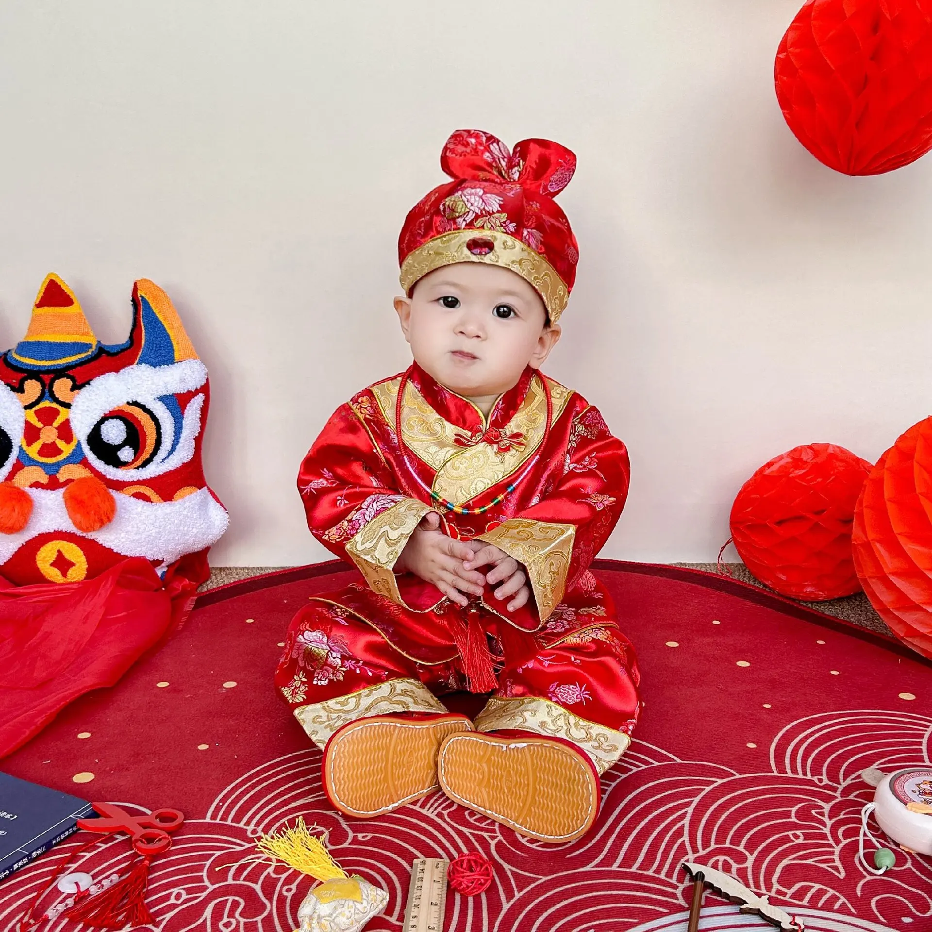 Chinese Style Tang Suit Baby One Year Old Dress Cosplay 100 Days of Infants Red Boys and Girls Suits Hat Embroidery Clothing