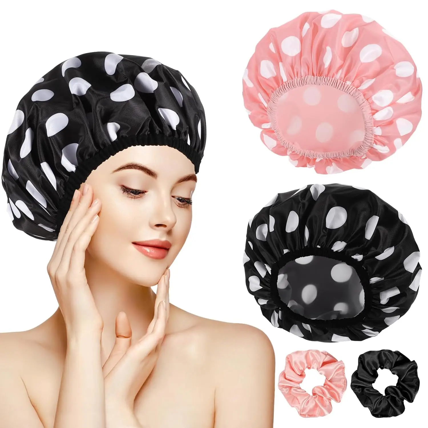 

2 Sets Large Shower Caps for Women, Waterproof Shower Cap Double Layers Bath Caps for Women Long Thick Hair