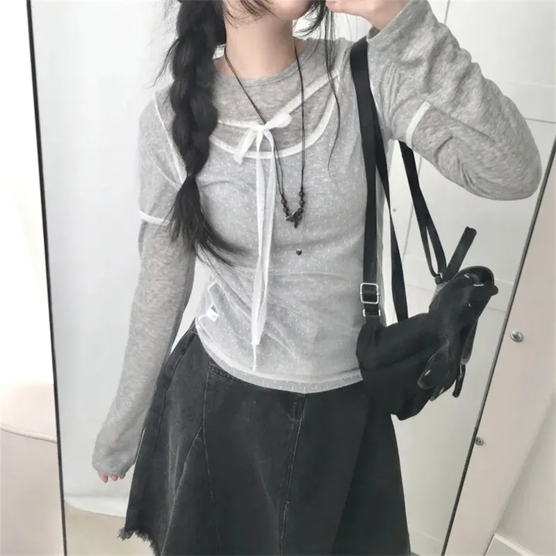 Korean Sle Sweet Fit ort Sve Lace Top with Bow Dry Dot Pattern for Young Women Polyester Fiber round Ne Summer