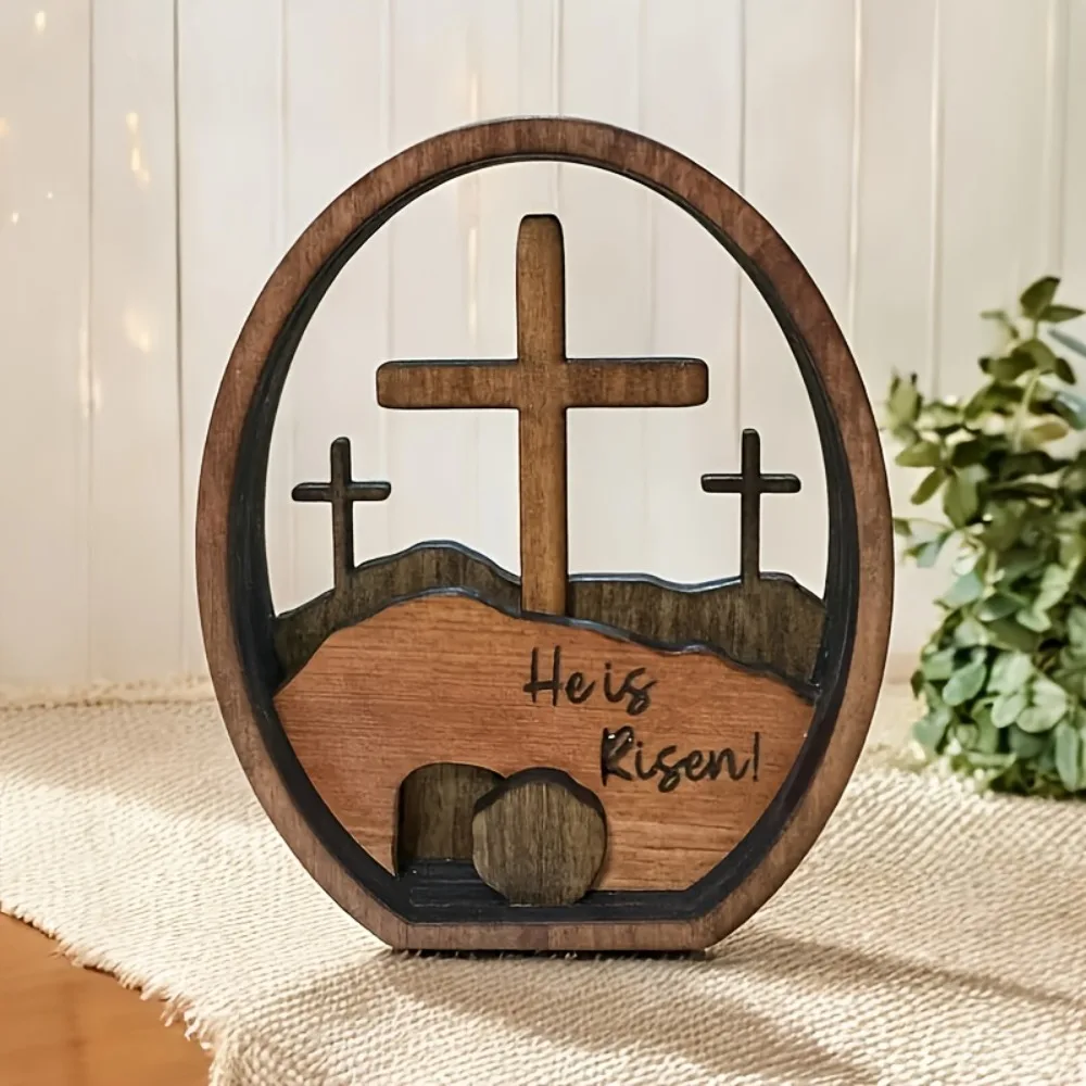 Décoration de Pâques en bois : Scène de la Résurrection avec croix et tombe de Jésus, plateau inclus, idéale pour la maison, le bureau et la table.