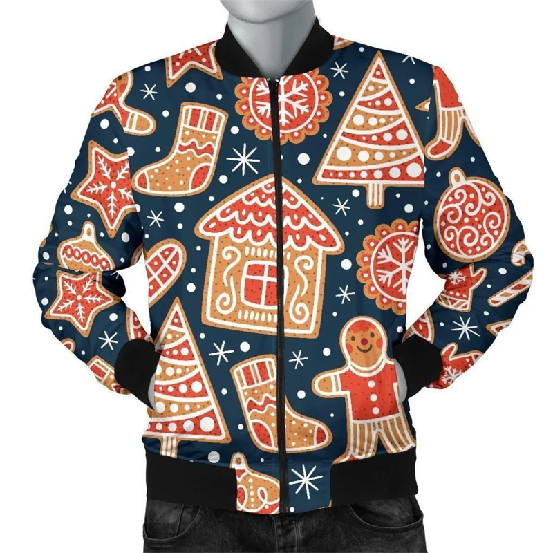 New Christmas Mens Bomber Jacket Gingerbread Man Graphic Funny 3D All Over Print Zip Tracksuits Xmas Boys Casual Zipper Jacket