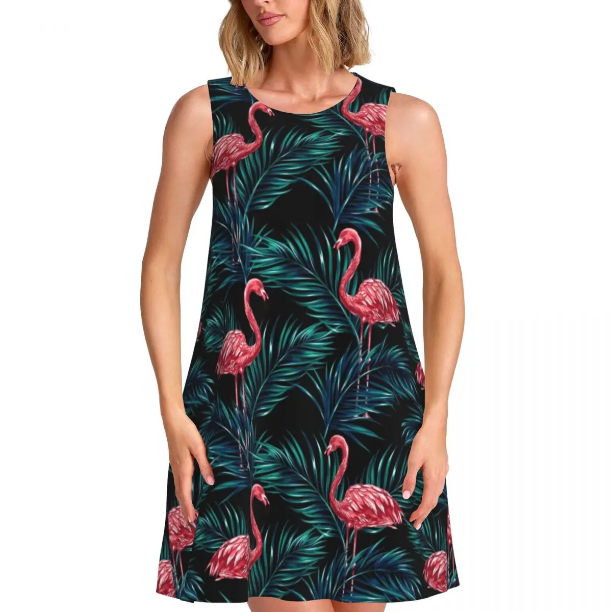 Tropical Flamingo Birds Casual Dress Green Leaves Print Elegant Dresses Woman Spring Simple Pattern Oversize Casual Dress
