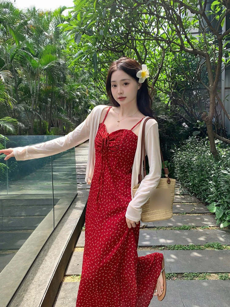 

Plus Size plus Size Red Strapl Dr Women's Slimming Long Summer Dr Floral Print Comfortable A-Line Skirt for Plump MM
