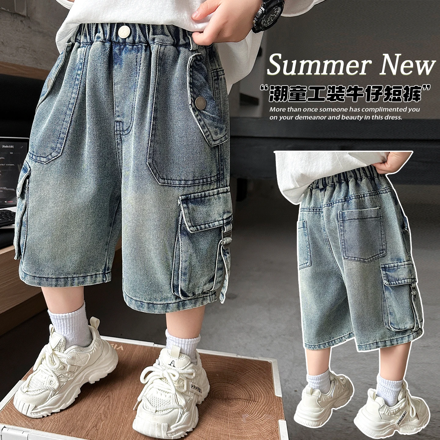 

Baby Boys Casual Knee-Length Denim Shorts Child Blue Denim Cargo Pocket Design Toddler Short Trousers Age 4-14Y Little Boys Jean