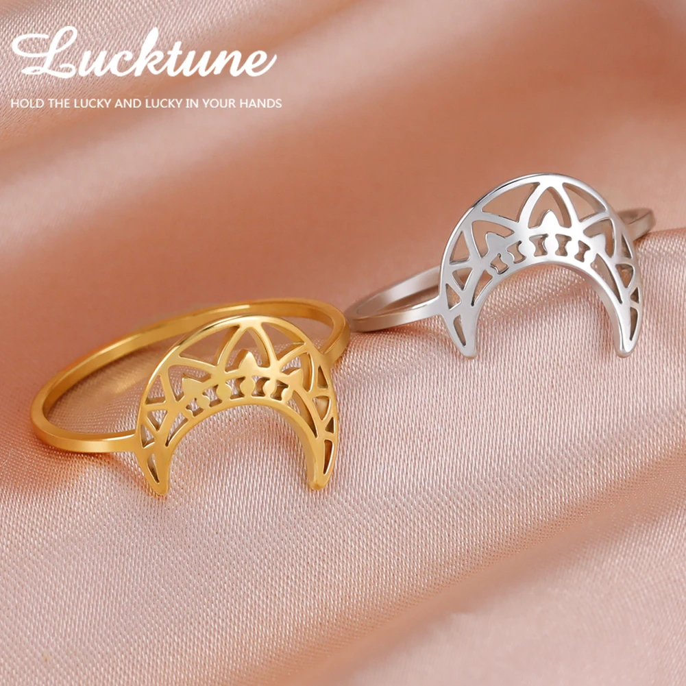 Lucktune Crescent Moon Lotus Flower Rings for Women Stainless Steel Vintage Finger Ring Wedding Jewelry Couple Gift Wholesale