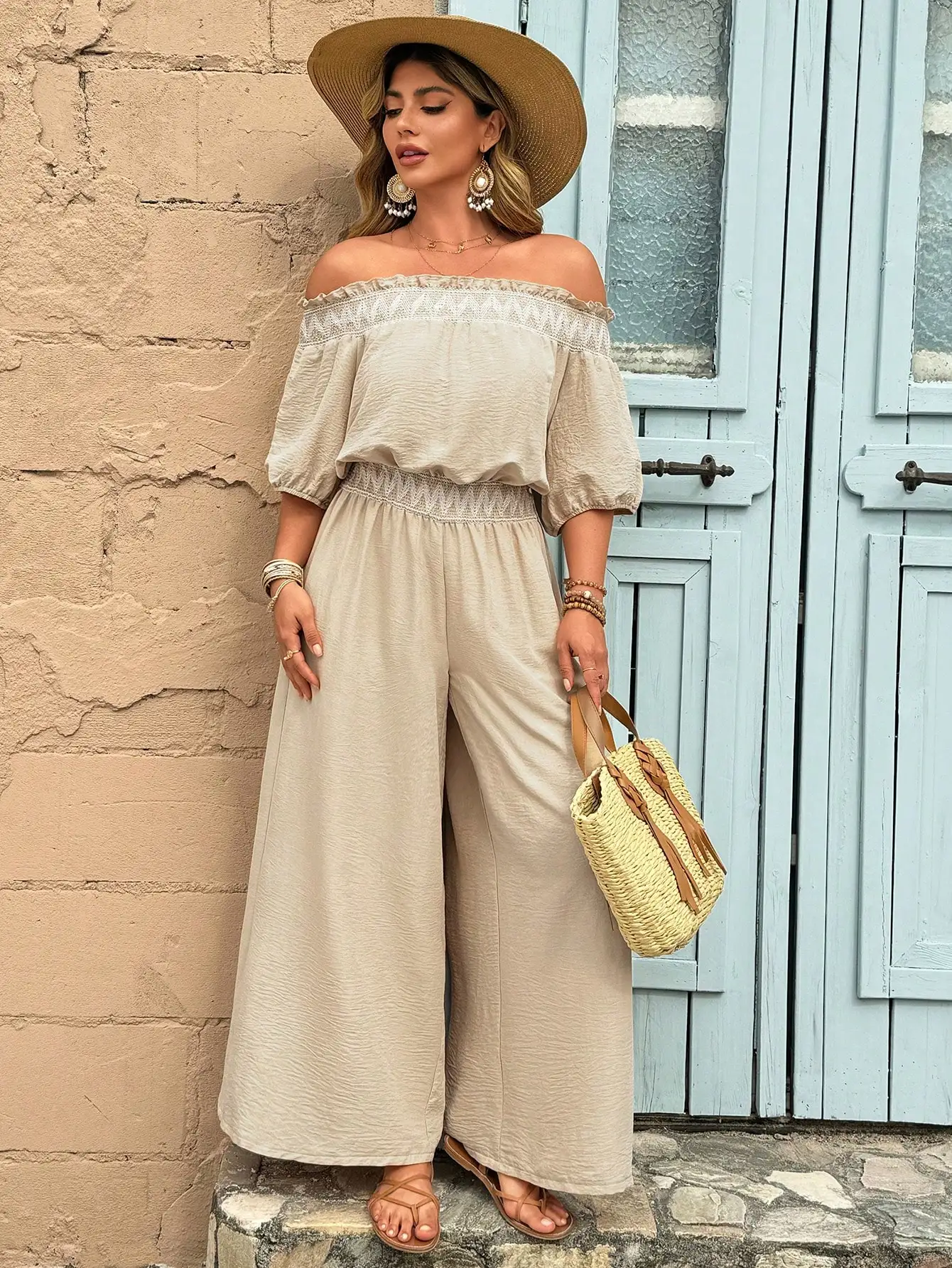 Women's Off-Shoulder Wide Leg Jumpsuit - Beige Textured Fabric with Lace Waistband for Summer & Resort Wear view 4
