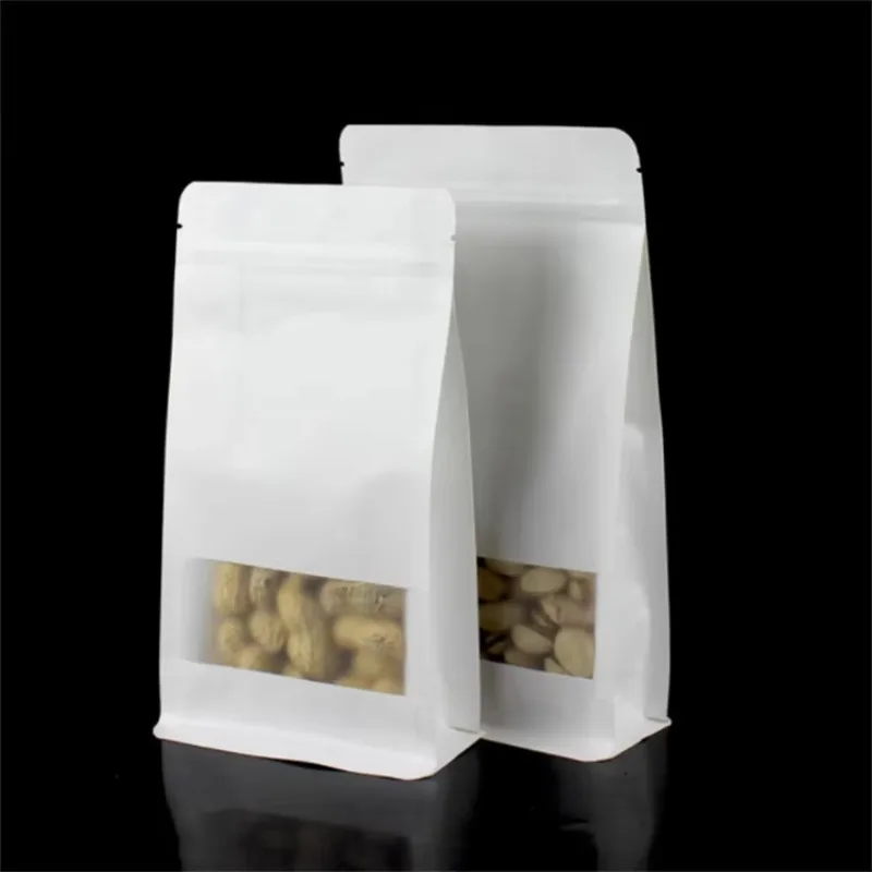 

50pcs White Stand-Up Window Pouches - Resealable 3D Food Bags for Coffee, Tea, Cookies & Baking Supplies