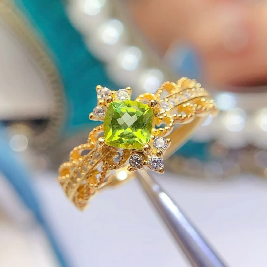 

925 Silver Natural Peridot Ring with certificate 6mm Square Cut genuine peridot ring Vintage Filigree Crown Design Fine Jewelry