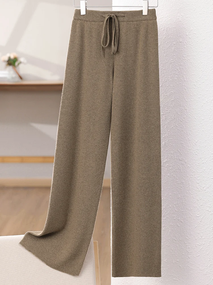 Women’s Wool Wide Leg Pants Striped Elastic Waist Cashmere Autumn Winter Chic Simple 100% Merino Wool Knitwear Casual Trousers