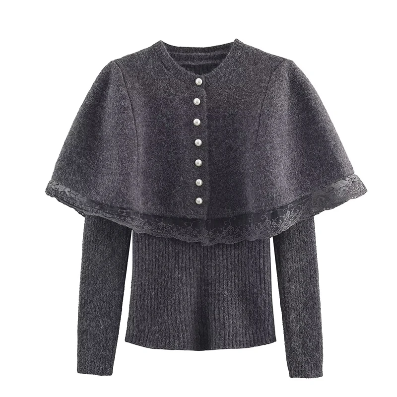 

Новый модный и универсальный вязаный свитер из двух предметов для женщин, пуловер с длинными рукавами и круглым вырезом + укороченная шаль