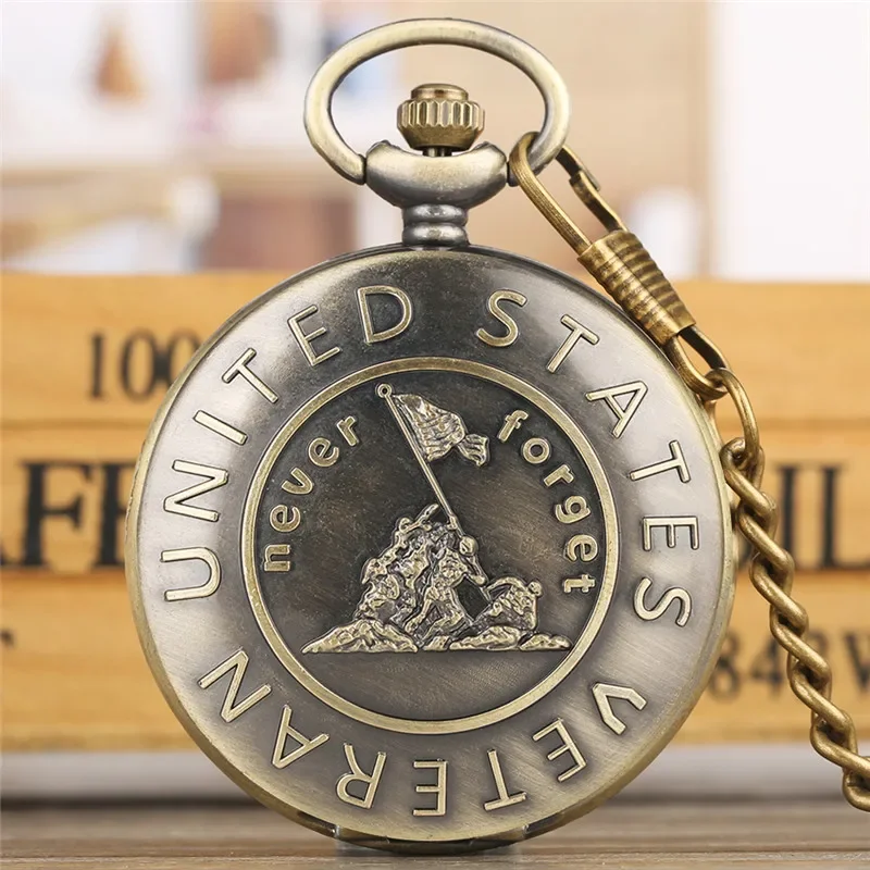 Antique Watch United States Veteran Design To My Son Back Cover Men Boy Quartz Analog Pocket Clock with Fob Pendant Chain Gift