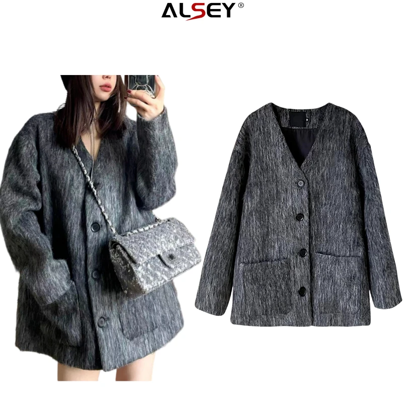 

ALSEY Vintage Wool Winter Jackets Women V Neck Pockets Single Breasted Loose Female Coat Fashion 2023 New Clothing