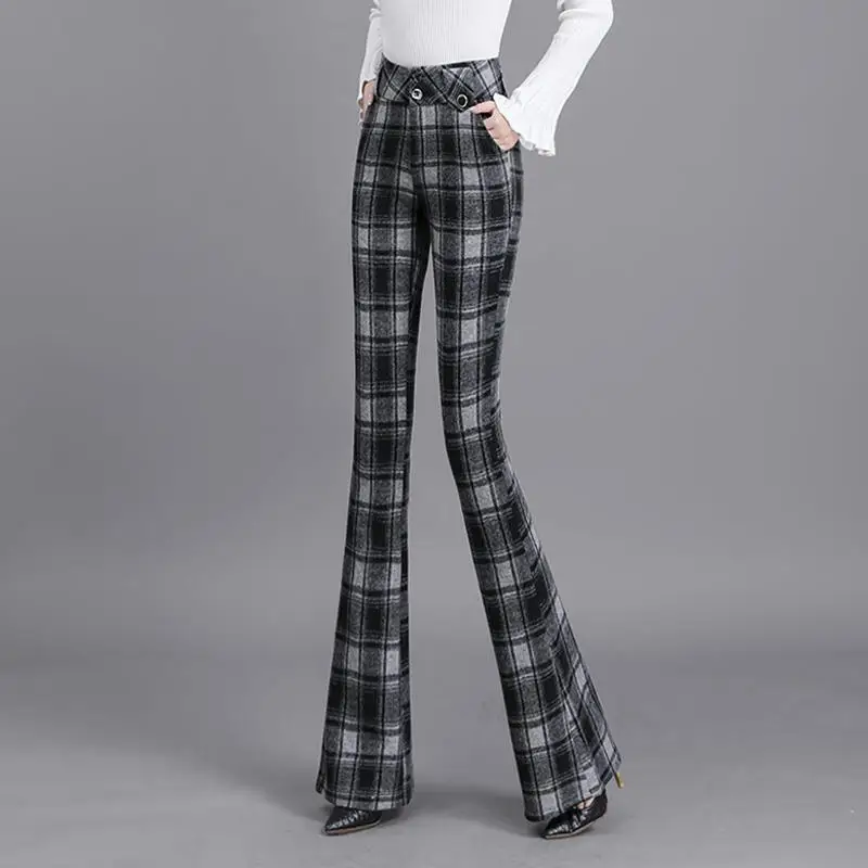 Vintage Fashion Autumn Winter Woolen Flare Pants Women High Waist Plaid Button Pockets Temperament Casual Slim Wide Leg Trousers