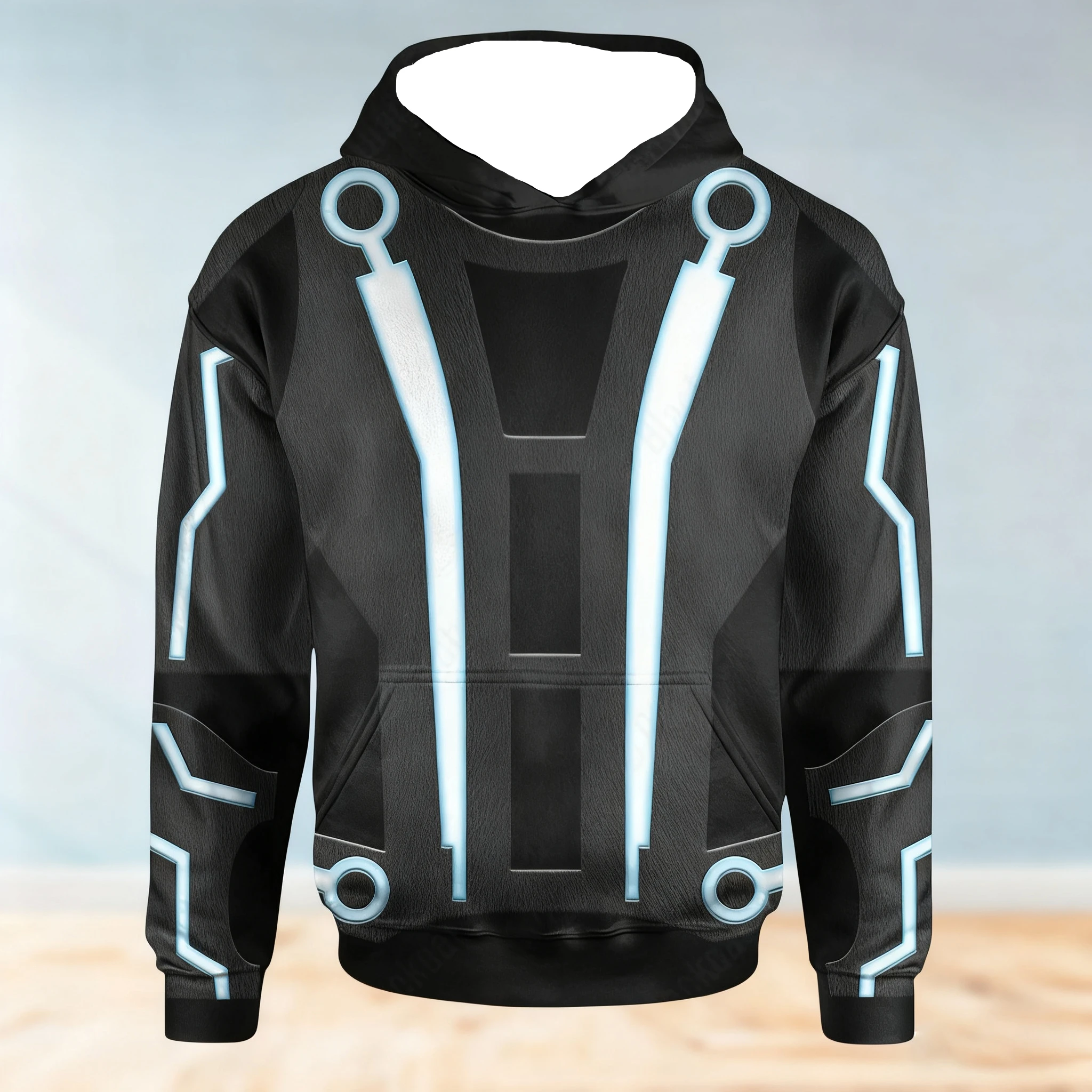 سترة بغطاء للرأس بتصميم TRON باللون الأزرق الفاتح للرجال، نمط دائرة الخيال العلمي، ملابس كاجوال يومية لخريف وشتاء، مثالية للطبقات أو الملابس الخارجية