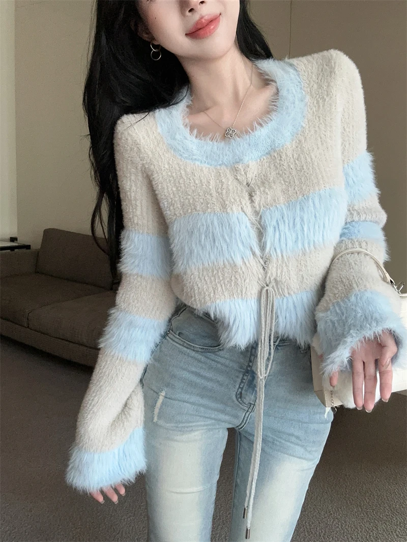 

Новая мода контрастные полоски норковый вязаный свитер осень женский с круглым вырезом с длинным рукавом повседневный короткий трикотаж женские топы