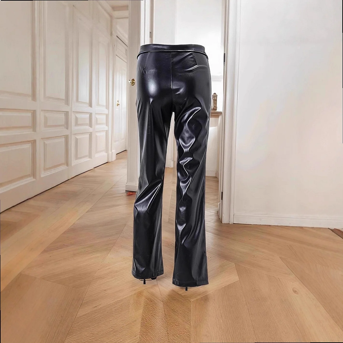 High Waist PU Leather Pants Straight Leg Metallic Zipper Club Trousers Spring Summer