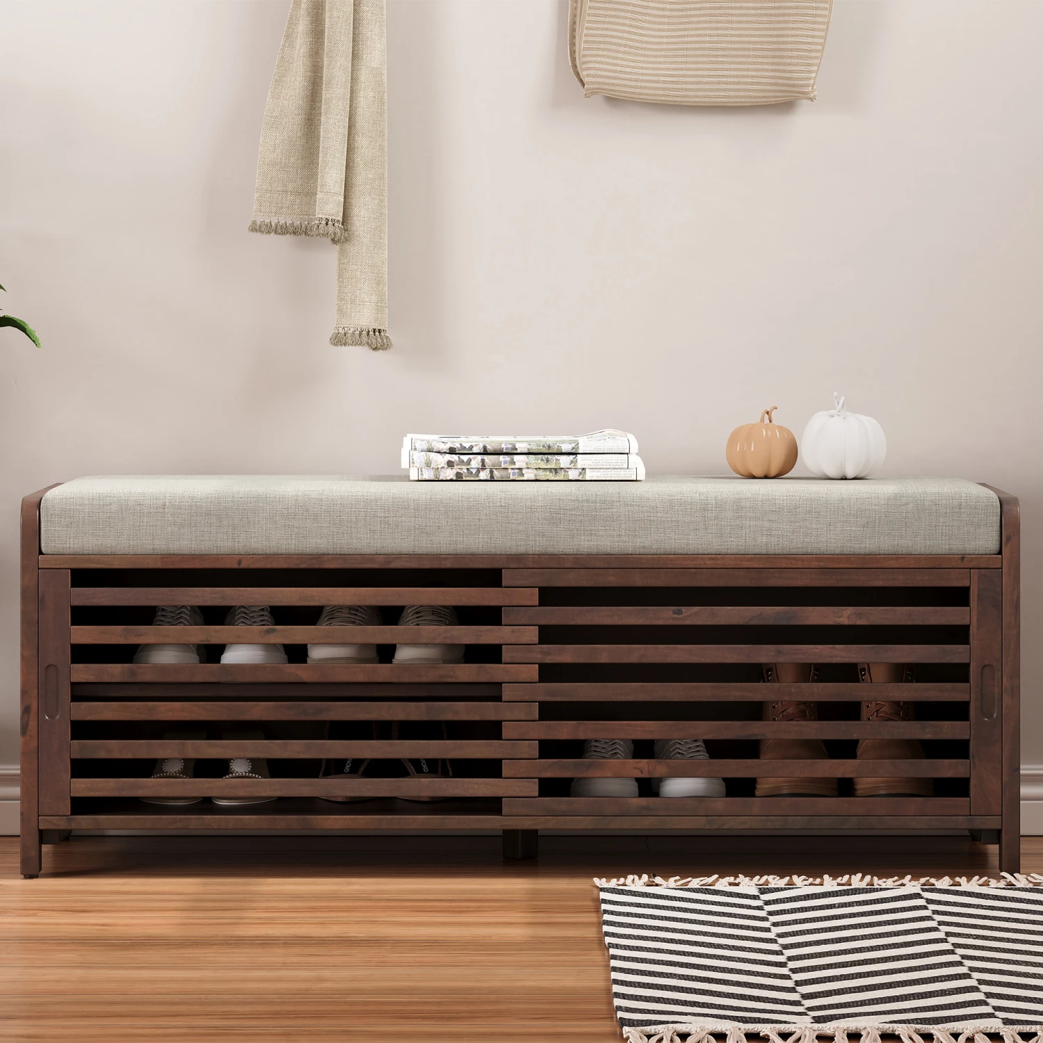 TREXM Distressed Shutter Storage Bench - Retro Charm for Living Room, Entryway (Espresso)