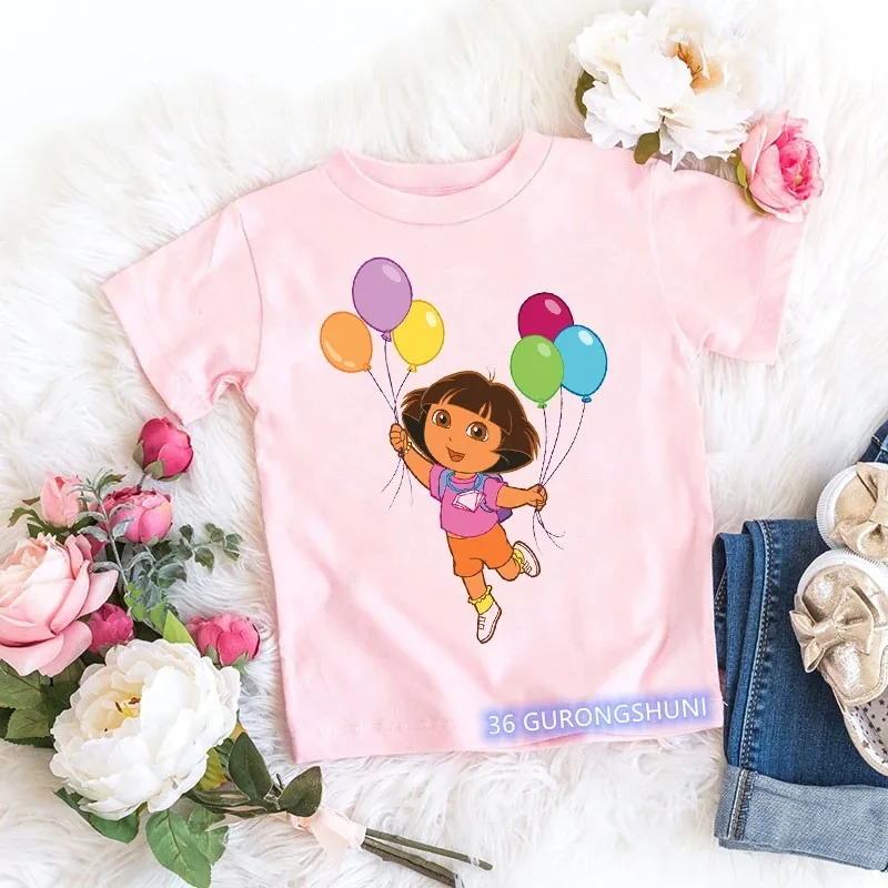 Fashion Kawaii Girls T-Shirt Dora Explorer Cartoon Print Kids Tshirt Summer Aesthetic Girls T Shirt Pink Short-Sleeved Tops