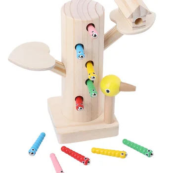 Baby wooden toys 3D puzzle magnetic caterpillar catch worm game fishing toys math early childhood educational toys for children