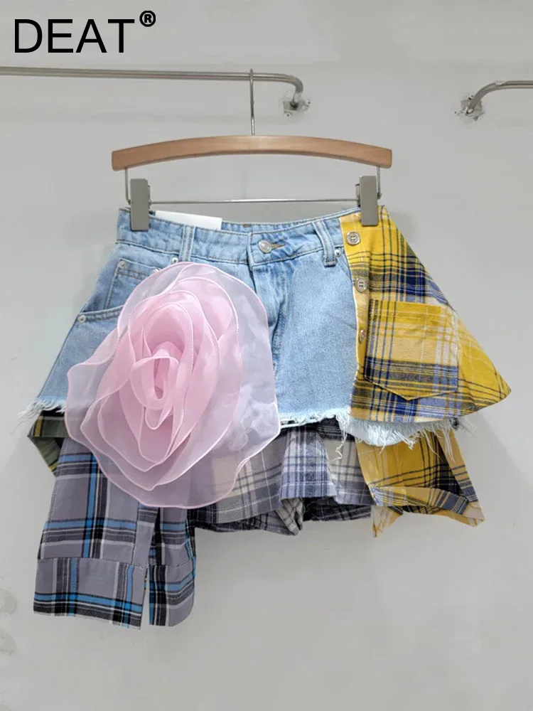 DEAT Trendy New Items Women's Flower Patchwork Mini Denim Skirts 2024 Spring Fashion High Waist A-line Skirt Female 11XX8965