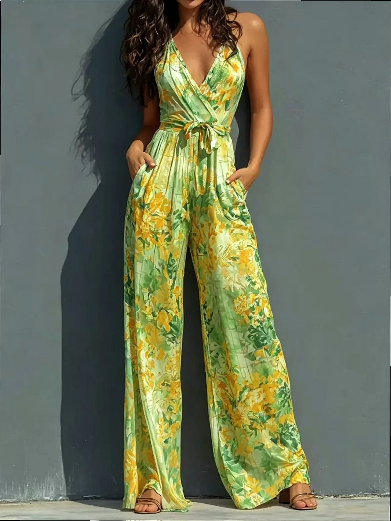 2026 Summer New Arrival Halter Deep V Print Jumpsuit High Waist Tie Waist Wide Leg Romper Overall Playsuit