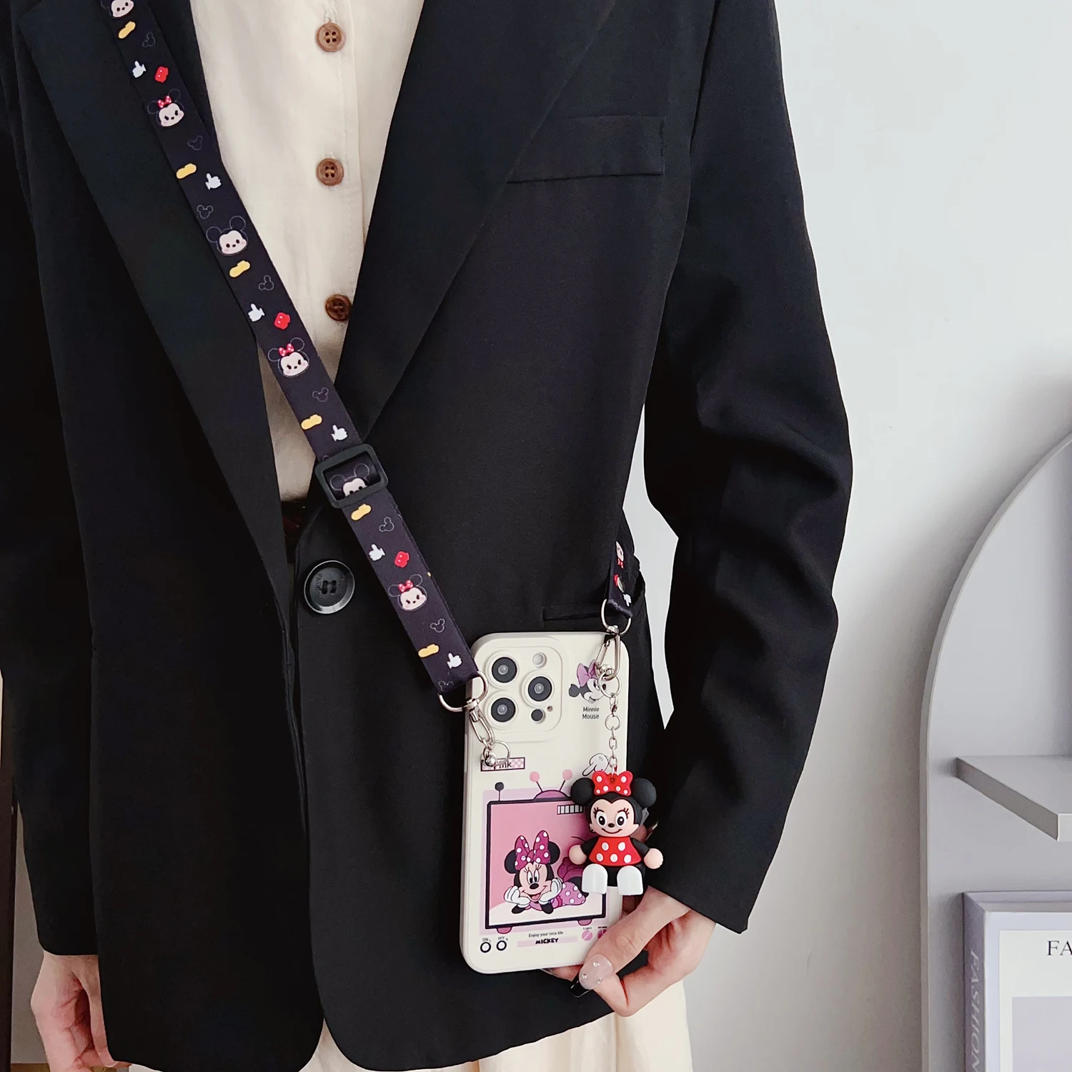 สําหรับ Samsung Galaxy A16 A06 A26 A56 A04E A05 A05s A15 A25 A35 A55 ทีวี Minnie กรณีผู้ถือเชือก