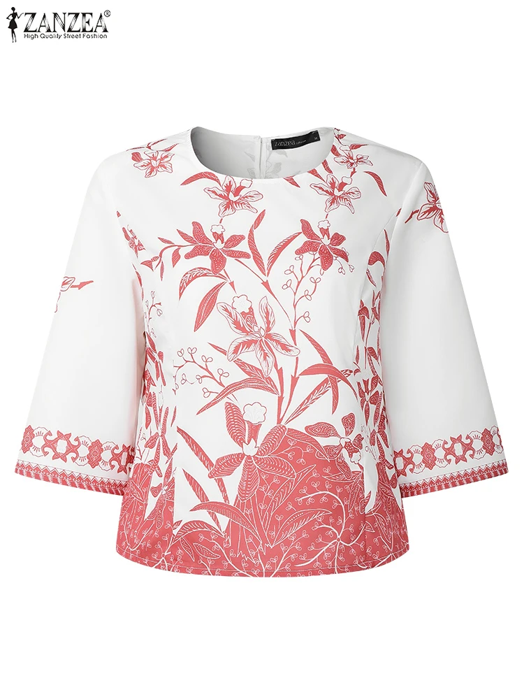

ZANZEA Retro Printed Blouses Women Half Sleeve Floral Tops Summer O Neck Blusas 2025 Oversized Casual OL Work Tunics S-3XL
