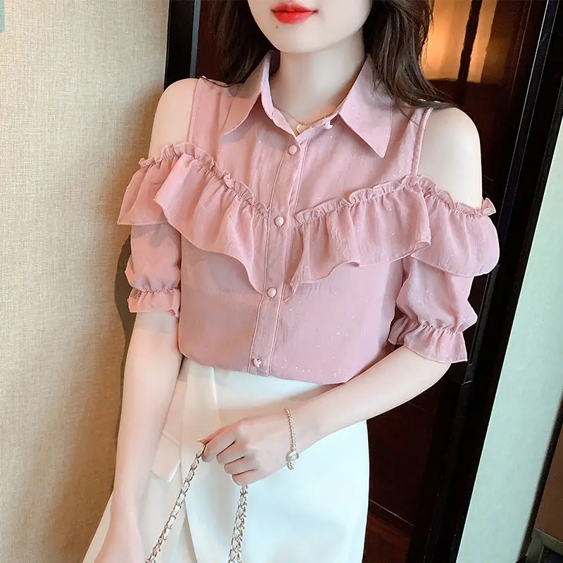 Stylish Off Shoulder Lapel Ruffles Oversized Puff Sleeve Chiffon Shirt 2022 Summer New Chic Tops Loose Commute Woman Blouses