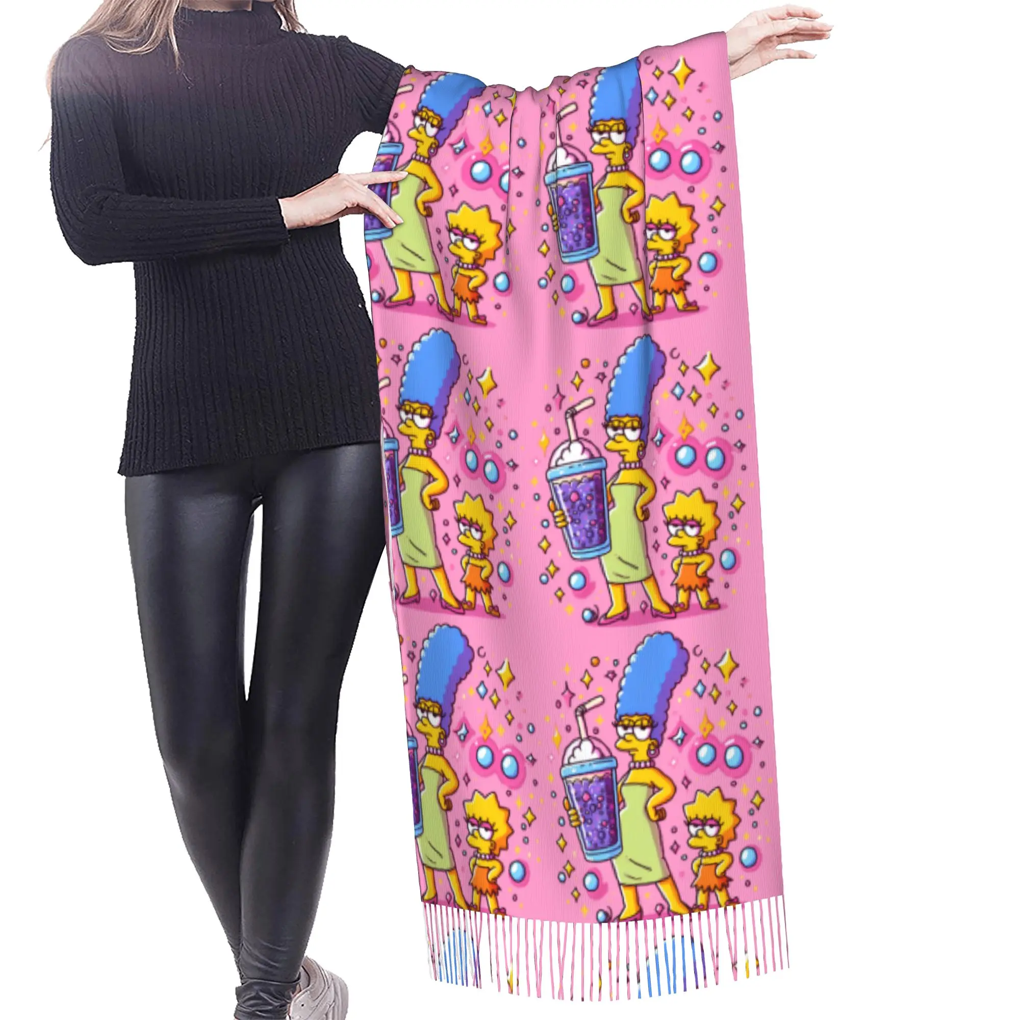 Custom S-Simpsonsed Cartoon Scarf Wrap Women Long Winter Fall Warm Tassel Shawl Unisex Homer Anime Scarves