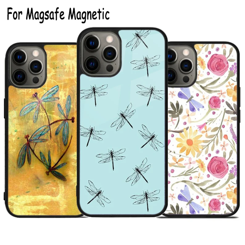 Dragonfly Insect Pattern Wireless Charge Magsafe Phone Case For iPhone 15 16 14 13 11 12 Pro Max Plus Magnetic Bumper Cover