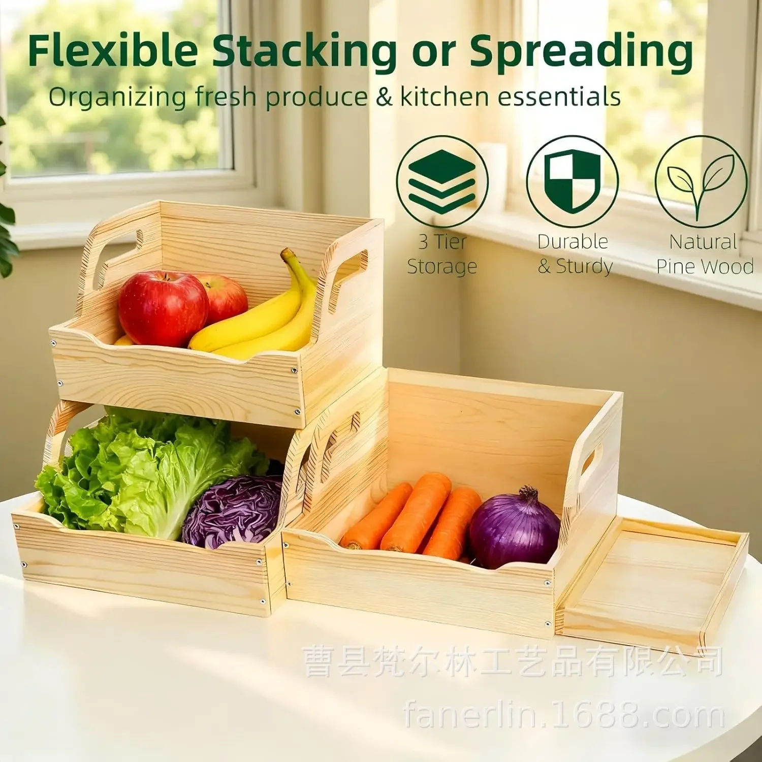 Wooden three-layer kitchen rack stackable storage box fruit snack snack rectangular storage box