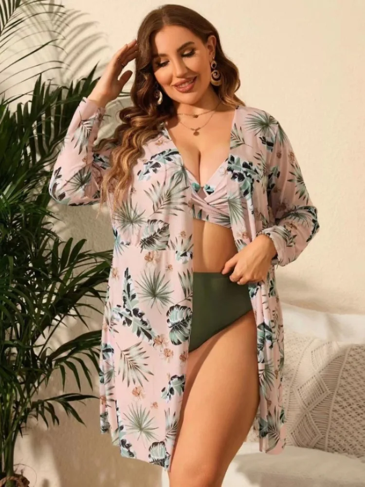 

Sexy Printed High Waisted Swimwear Plus Size Women's Three Piece Bikini Swimsuit Sunscreen Clothing Set Suspender Bathing Suit