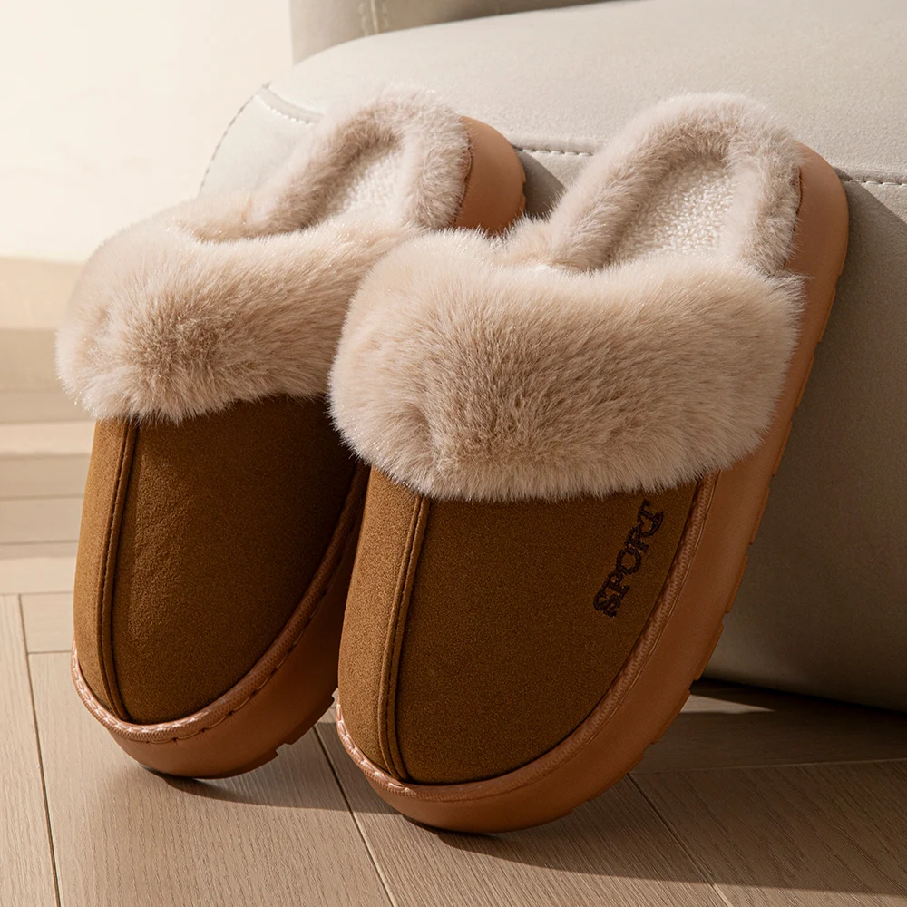 Men Women Winter House Slippers Faux Fur Collar Warm Indoor Thick Non-Slip Outdoor Sole Bedroom Home Couple Shoes
