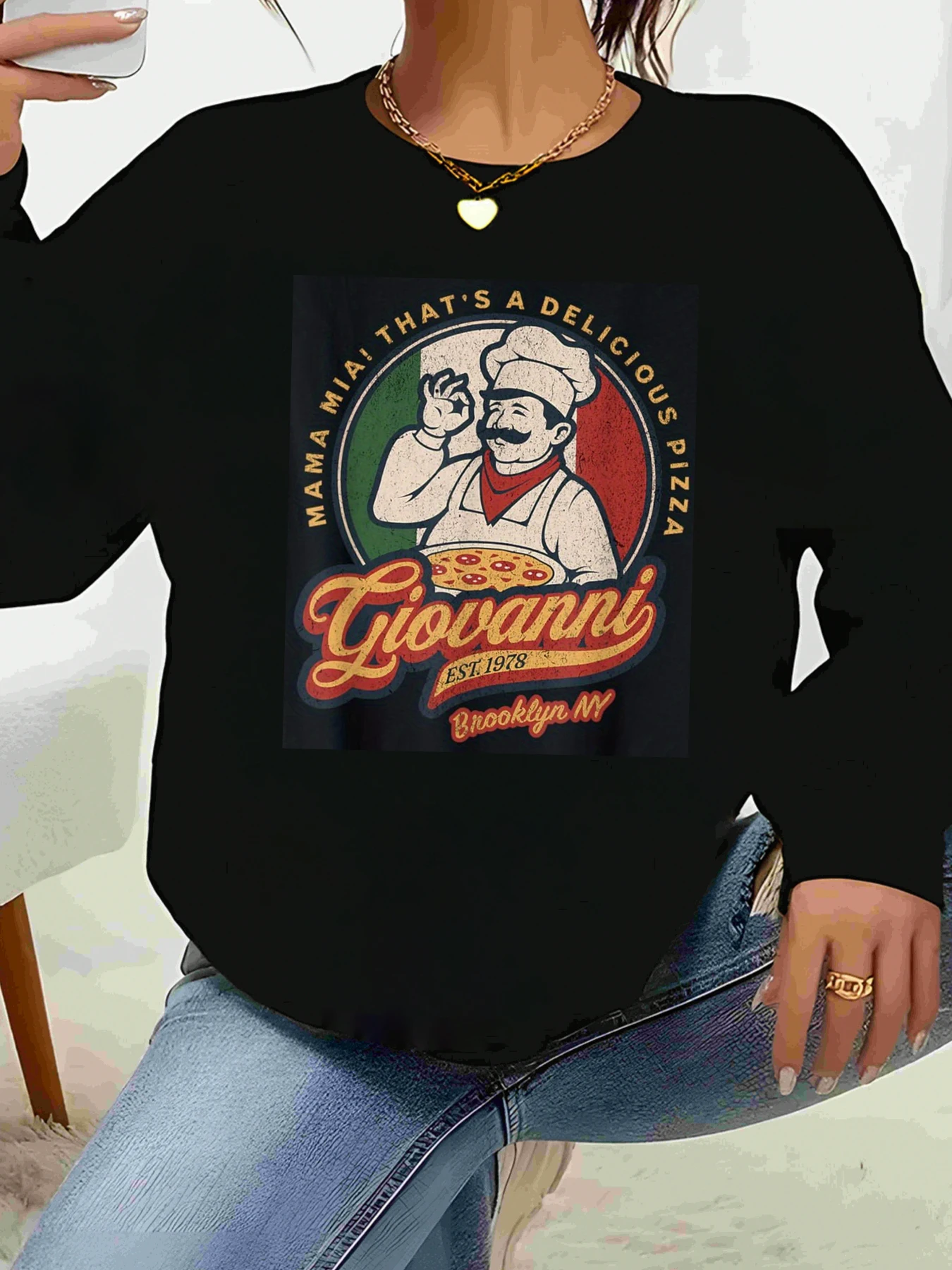 

Футболка с длинными рукавами и принтом Giovanni Pizza Chef для повседневной женской одежды