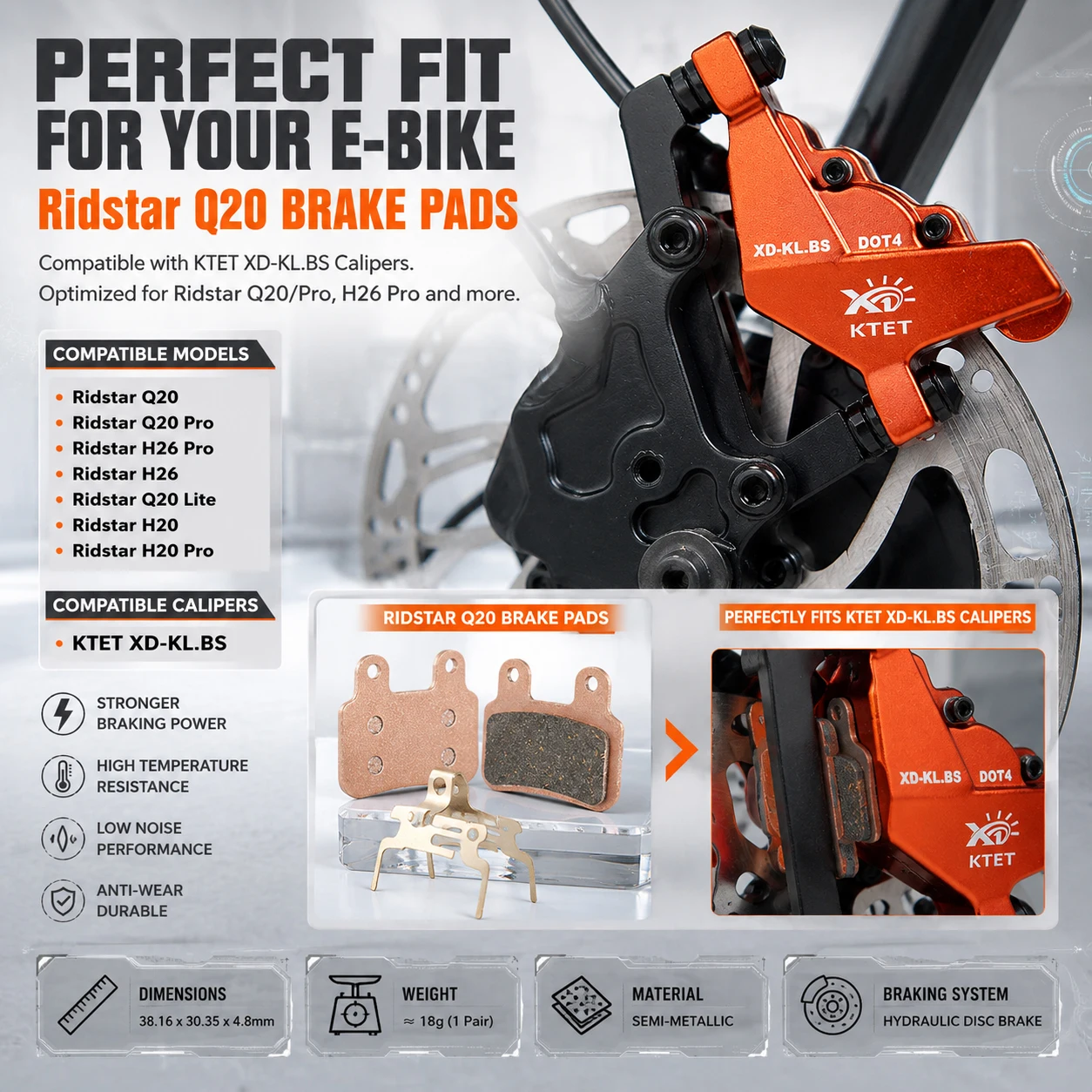 Ridstar Q20 Brake Pads Semi-Metallic Front Rear Replacement 2 Pairs for YVY EKX Bopzin Freego KTET