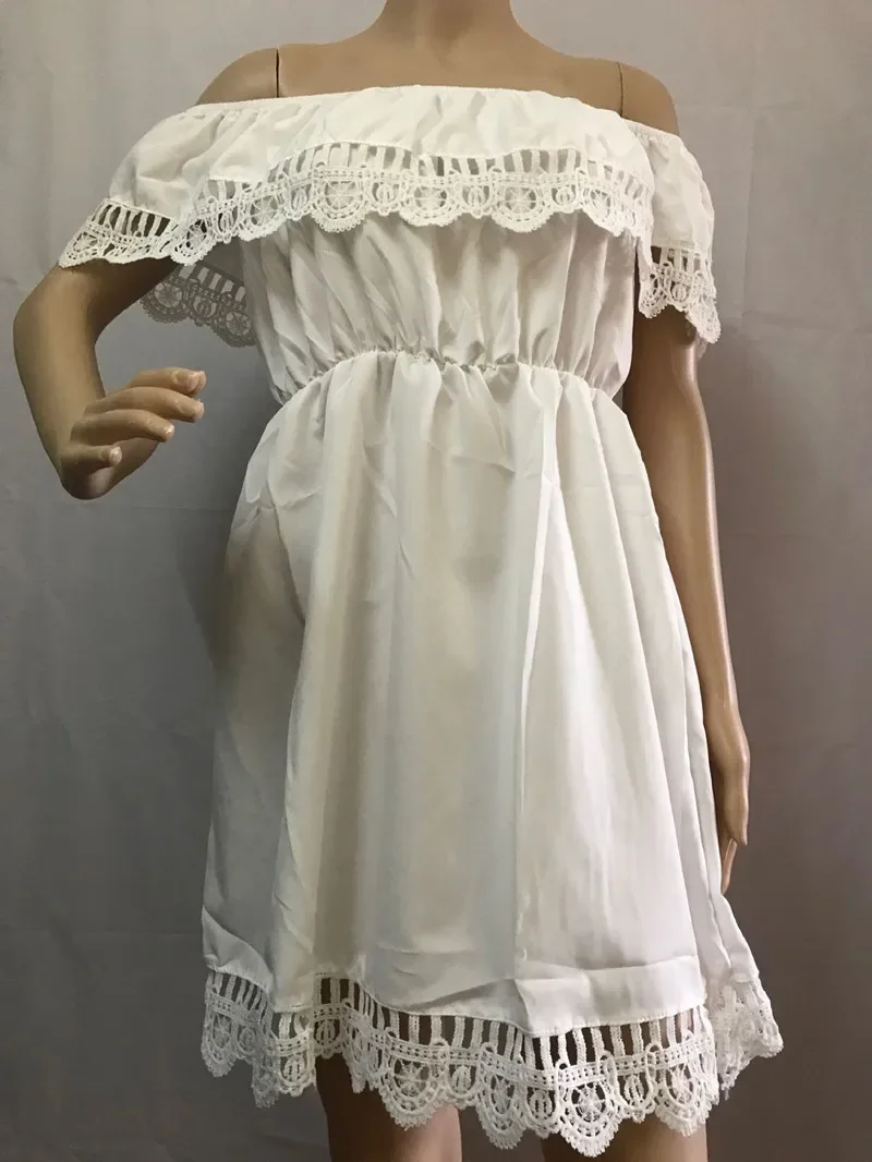 Summer 2024 New Fashion Women Elegant Sexy Slash Neck Casual Vintage Sweet White Lace Dress Slim Beach Dresses          -Q26