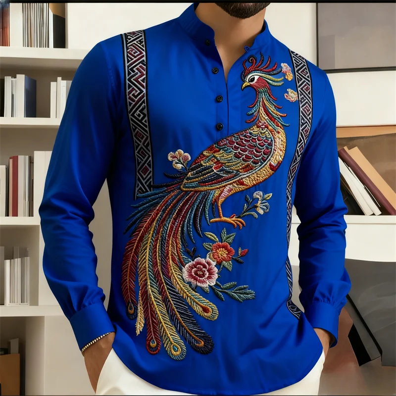 Kemeja etnik pria lengan panjang dengan cetakan 3D Phoenix |   Pola tradisional yang berwarna-warni |   Kemeja formal kasual untuk kantor/acara