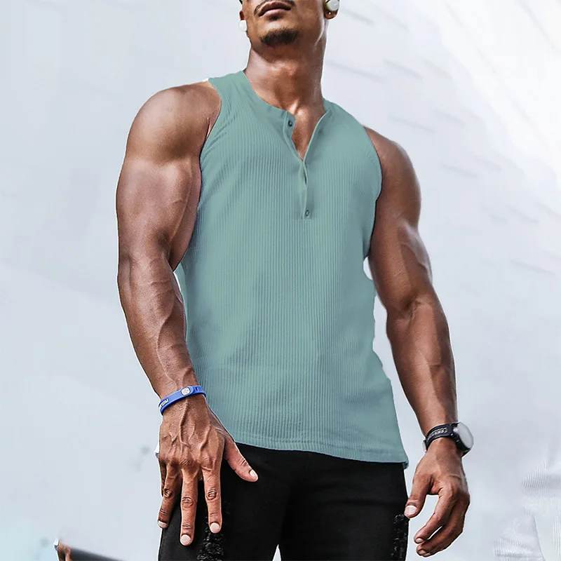 Fashionable and casual spring and summer men's sports and casual elastic vertical strip round neck sleeveless solid color vest