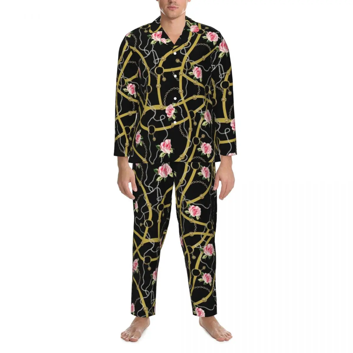 

Golden Chains Sleepwear Autumn Pink Roses Print Loose Oversized Pajama Sets Man Long-Sleeve Cute Soft Night Custom Home Suit