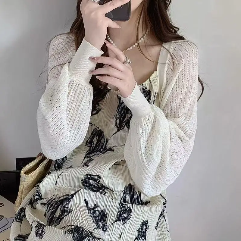 French Ice Silk Knitted Sun-Proof Cropped Cardigan Women Summer Thin Mesh Bolero Puff Sleeve Shawl Outerwear For Suspender Skirt