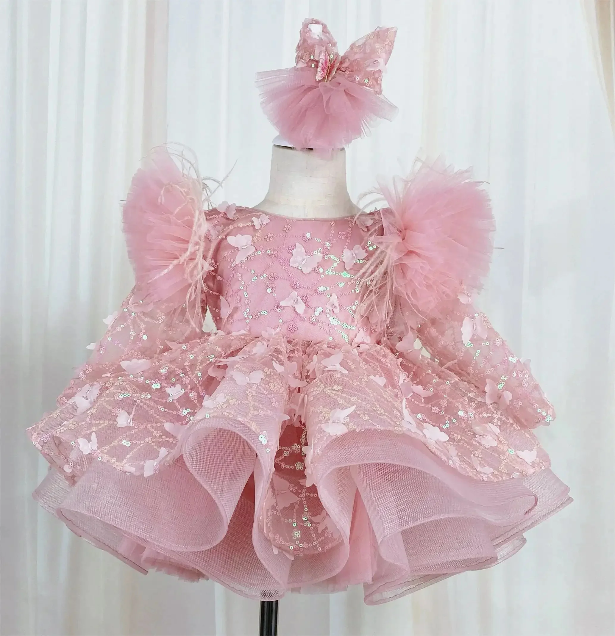 تخصيص الوردي زهرة فتاة فساتين الترتر الفراشات منتفخ الزفاف وصيفه الشرف حفلة عيد ميلاد عطلة الفتاة هدية فستان حفلات