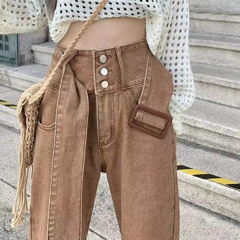 

French retro jeans women's autumn and winter new khaki high street fashion temperament high waist slim loose wide-leg trousers.