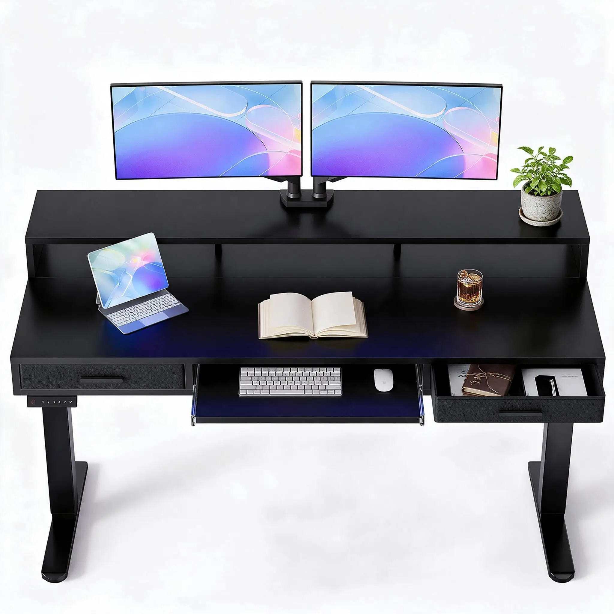 63″ X 26″ Electric Standing Desk with 2 Drawers &24.4″ Large Keyboard Tray, C-Clamp Mount Compatible, Adjustable