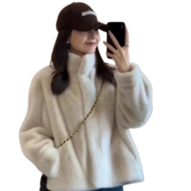 Dameswinterkorte nep-nertsbontjas uit 2025 met opstaande kraag Milieuvriendelijke bovenkleding in shearlingstijl