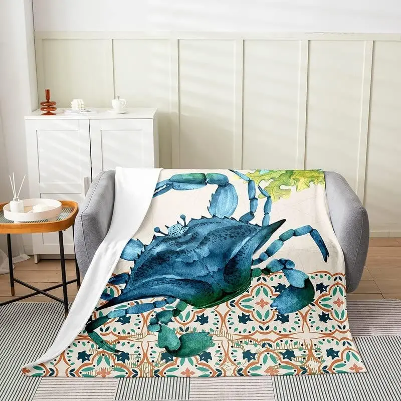 

Kids Crab Flannel Fleece Throw Blanket Ocean Creature Themed Fuzzy Blanket Sea Underwater World All Season Bed Blanket