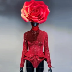 Bar Nightclub Dj Ds Stage Rave Outfit Women Red Sequins Bodysuit Headwear Gogo Dance Costume Pole Dance Festival Wear XS9269